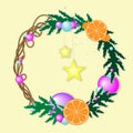 Christmas wreath card with fir branches, orange slices